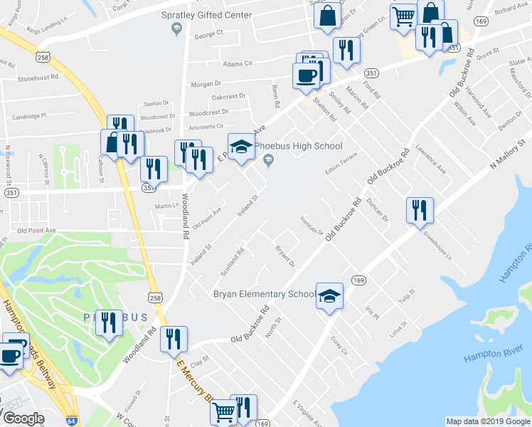 map of restaurants, bars, coffee shops, grocery stores, and more near 69 Scotland Road in Hampton