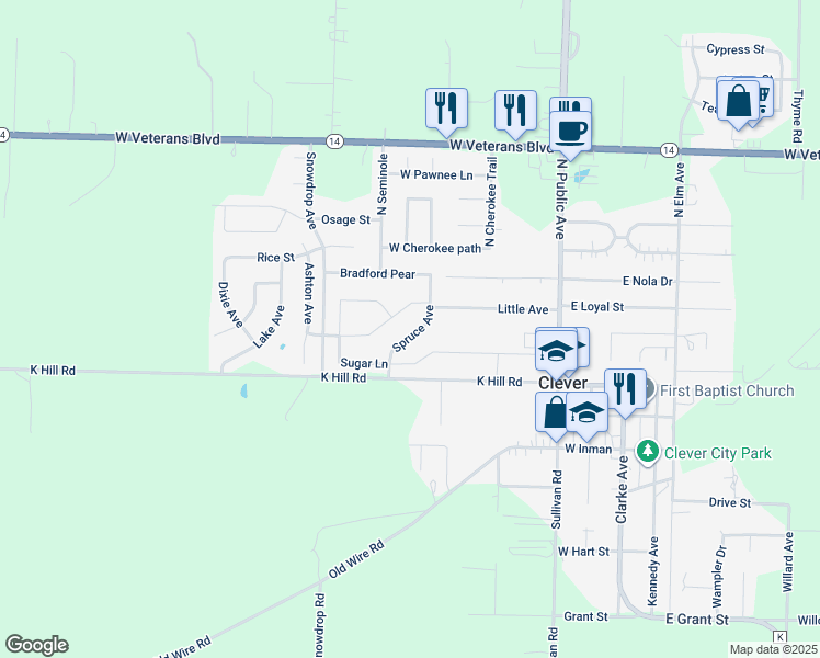 map of restaurants, bars, coffee shops, grocery stores, and more near 114 Spruce Avenue in Clever