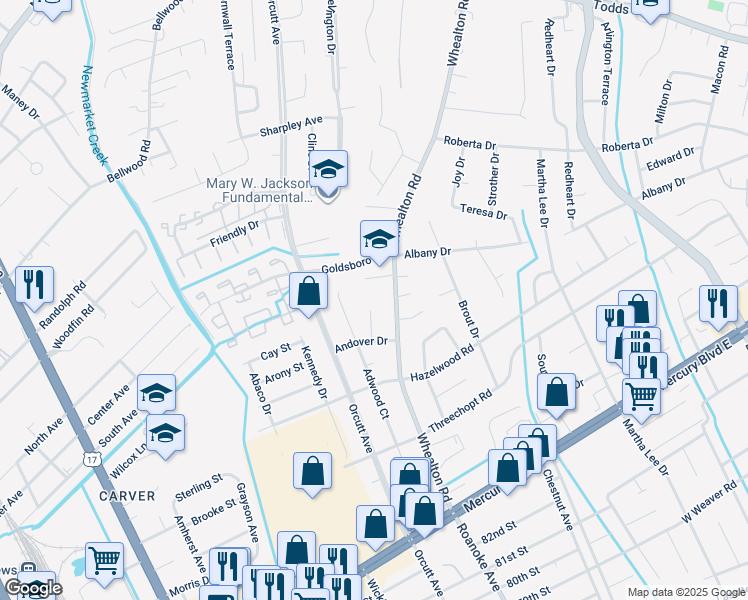 map of restaurants, bars, coffee shops, grocery stores, and more near 412 Samuelson Court in Newport News