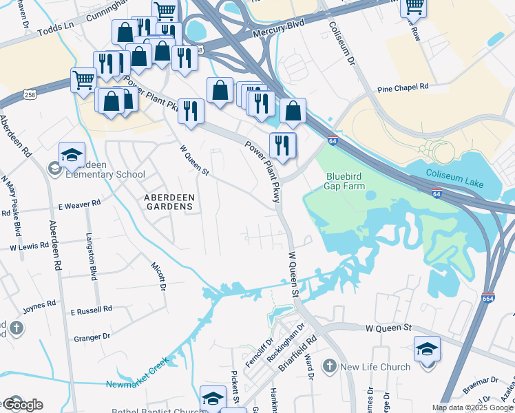 map of restaurants, bars, coffee shops, grocery stores, and more near 1709 West Queen Street in Hampton