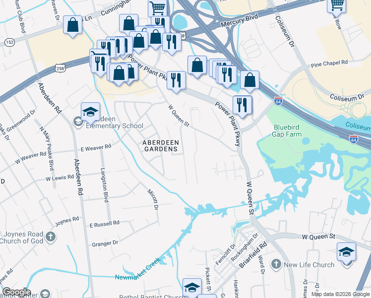 map of restaurants, bars, coffee shops, grocery stores, and more near 21 Cornelius Drive in Hampton