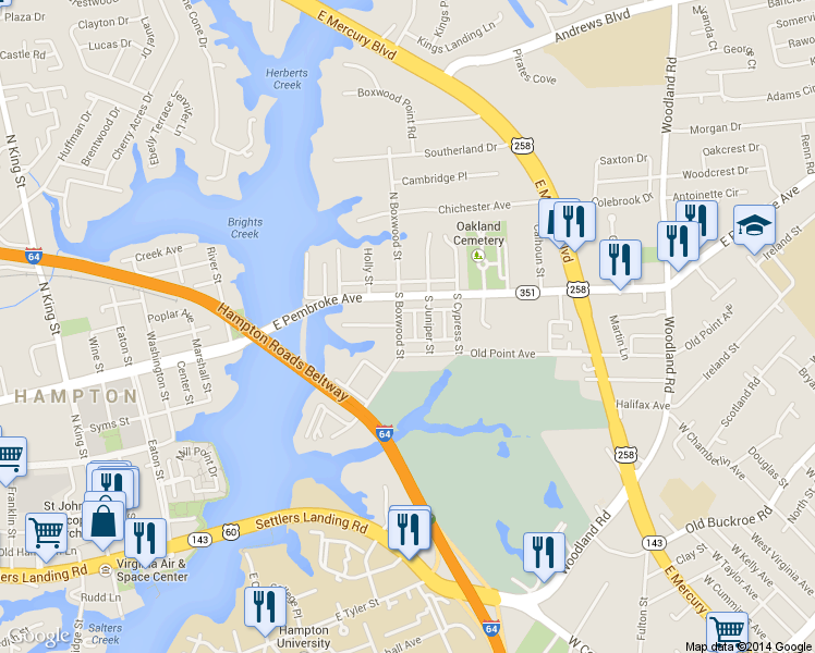 map of restaurants, bars, coffee shops, grocery stores, and more near 13 South Boxwood Street in Hampton