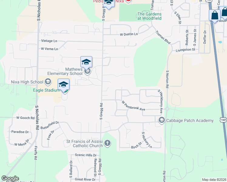 map of restaurants, bars, coffee shops, grocery stores, and more near 769 South Pinehurst Street in Nixa