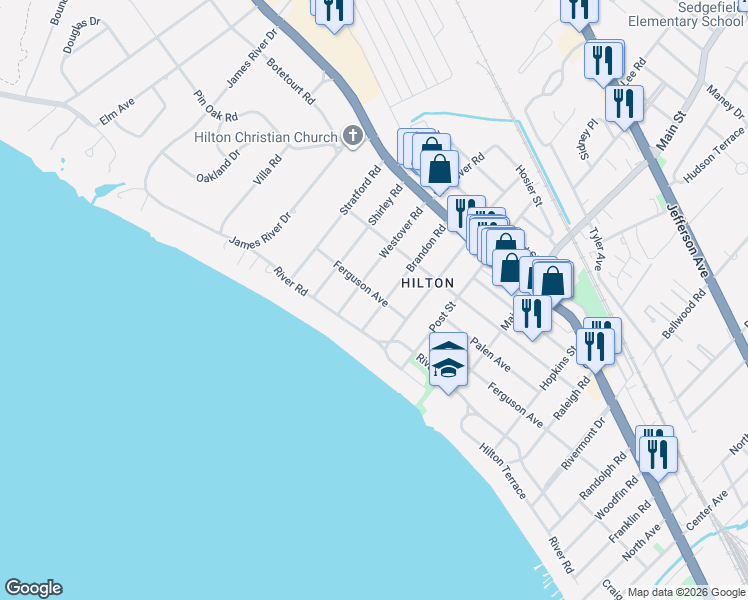 map of restaurants, bars, coffee shops, grocery stores, and more near 9 Brandon Road in Newport News