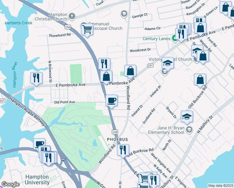 map of restaurants, bars, coffee shops, grocery stores, and more near 36 Godspeed Way in Hampton