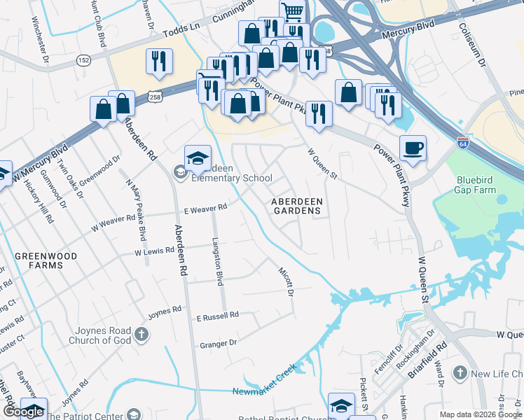 map of restaurants, bars, coffee shops, grocery stores, and more near 51 Jordan Drive in Hampton