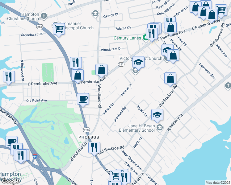 map of restaurants, bars, coffee shops, grocery stores, and more near 820 Old Point Ave in Hampton