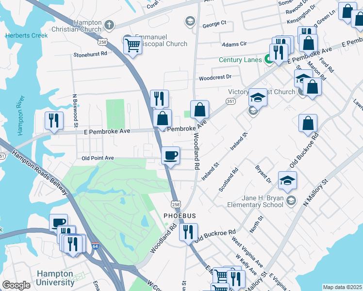map of restaurants, bars, coffee shops, grocery stores, and more near 30 Godspeed Way in Hampton