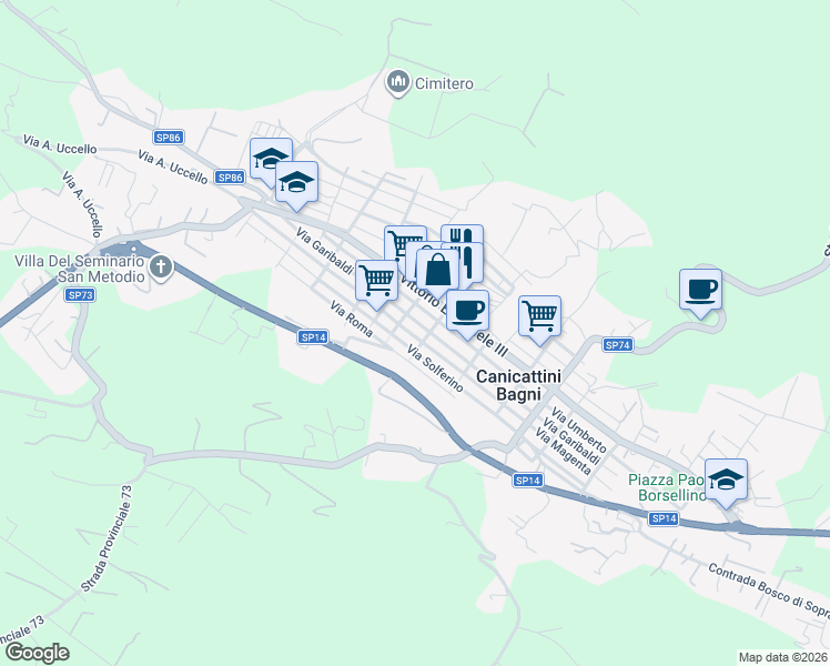 map of restaurants, bars, coffee shops, grocery stores, and more near 204 Via Magenta in Canicattini Bagni