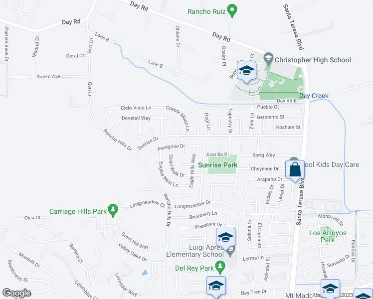 map of restaurants, bars, coffee shops, grocery stores, and more near 1390 Peregrine Drive in Gilroy