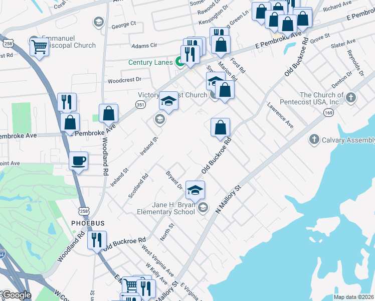 map of restaurants, bars, coffee shops, grocery stores, and more near 421 Institute Drive in Hampton