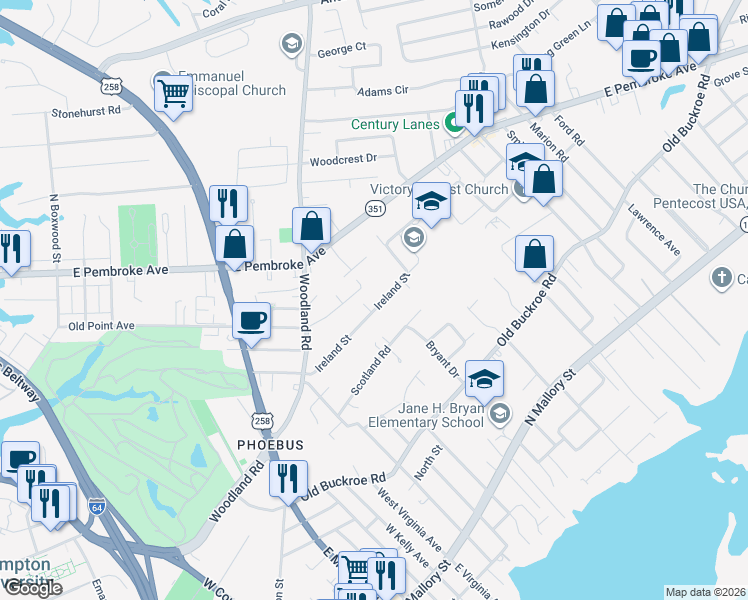 map of restaurants, bars, coffee shops, grocery stores, and more near 57 Ireland Street in Hampton