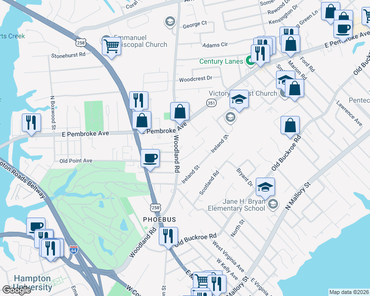 map of restaurants, bars, coffee shops, grocery stores, and more near 170 Woodland Road in Hampton