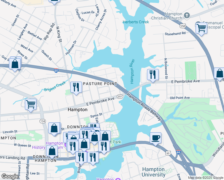 map of restaurants, bars, coffee shops, grocery stores, and more near 501 Marshall Street in Hampton