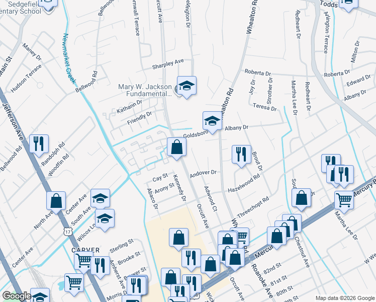 map of restaurants, bars, coffee shops, grocery stores, and more near 416 Adwood Court in Newport News