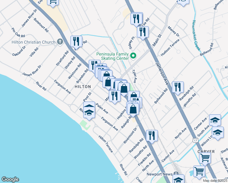 map of restaurants, bars, coffee shops, grocery stores, and more near 99 Main Street in Newport News