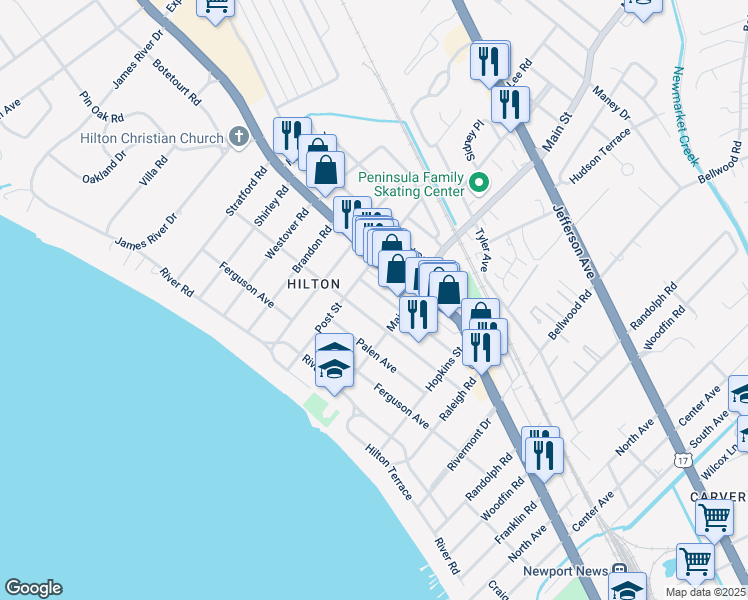 map of restaurants, bars, coffee shops, grocery stores, and more near 311 Piez Avenue in Newport News