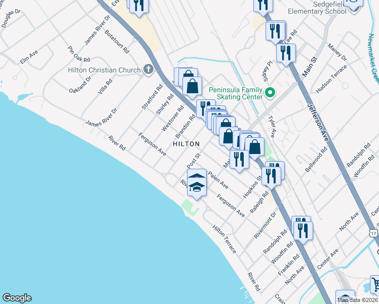 map of restaurants, bars, coffee shops, grocery stores, and more near in Newport News