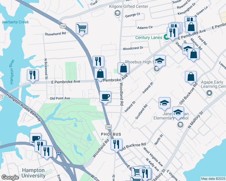 map of restaurants, bars, coffee shops, grocery stores, and more near 26 Godspeed Way in Hampton