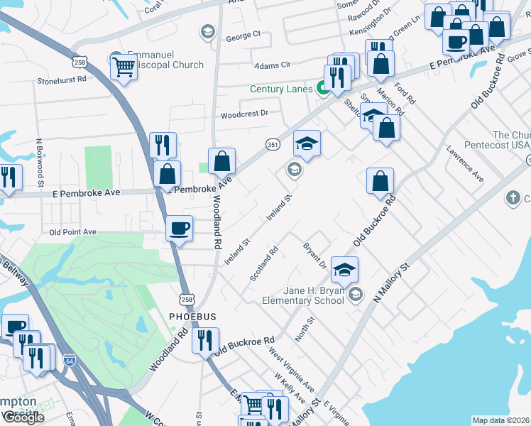 map of restaurants, bars, coffee shops, grocery stores, and more near 57 Ireland Street in Hampton