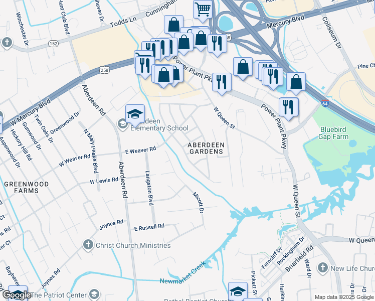 map of restaurants, bars, coffee shops, grocery stores, and more near 50 Jordan Drive in Hampton