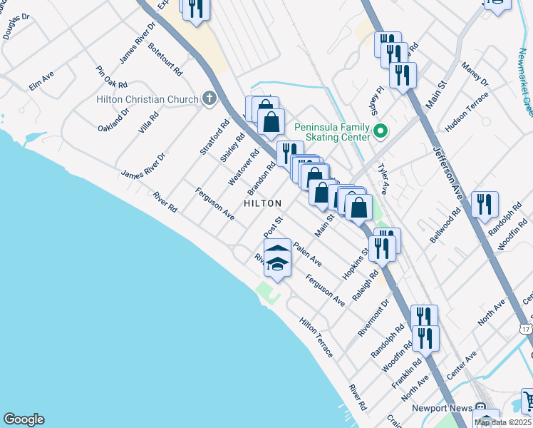map of restaurants, bars, coffee shops, grocery stores, and more near 26 Milford Road in Newport News