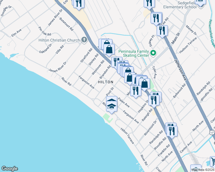 map of restaurants, bars, coffee shops, grocery stores, and more near in Newport News