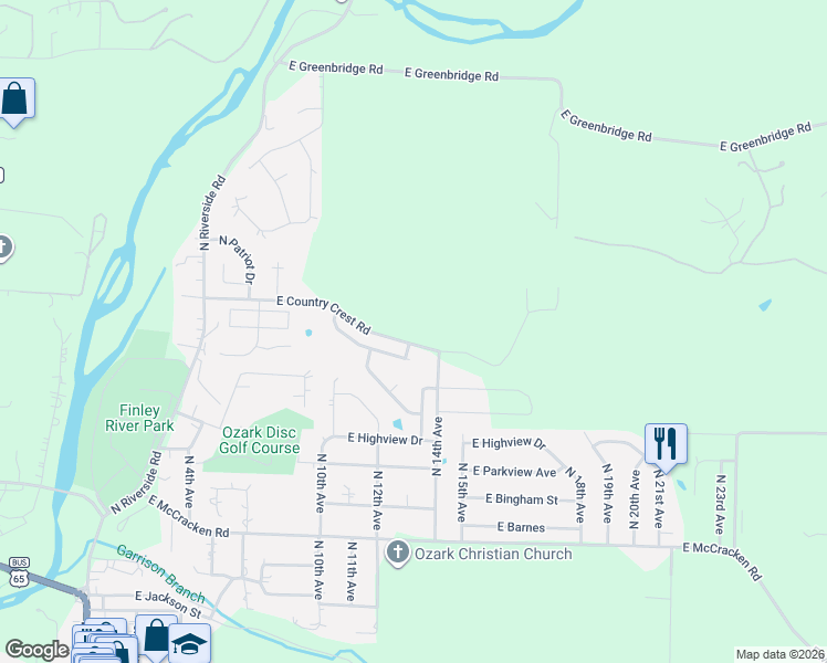 map of restaurants, bars, coffee shops, grocery stores, and more near 1273-1399 East Country Crest Road in Ozark