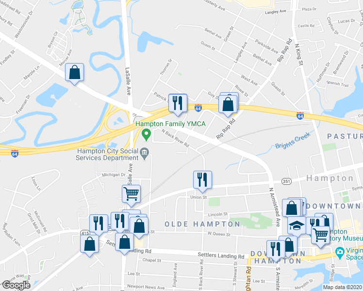 map of restaurants, bars, coffee shops, grocery stores, and more near 703 North Back River Road in Hampton