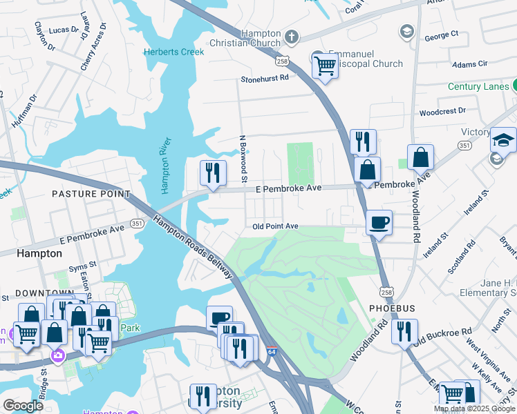 map of restaurants, bars, coffee shops, grocery stores, and more near 12 South Juniper Street in Hampton