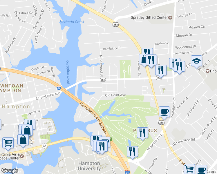 map of restaurants, bars, coffee shops, grocery stores, and more near 12 South Juniper Street in Hampton