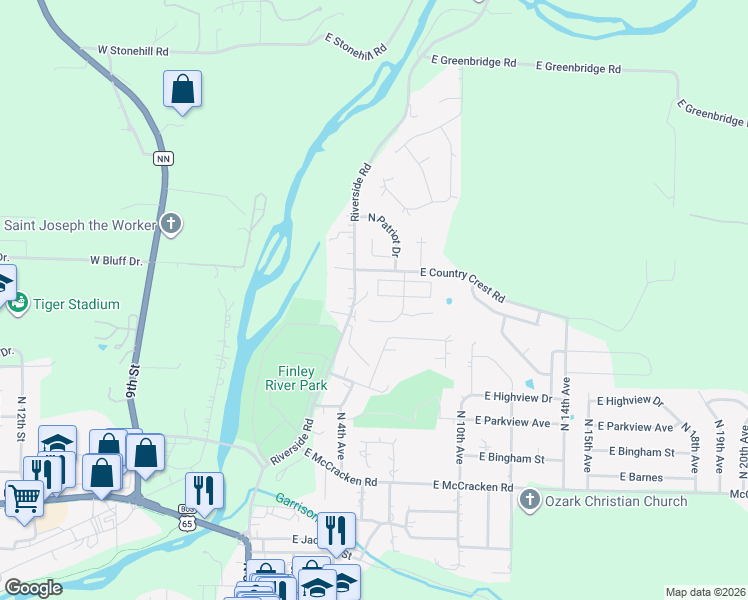 map of restaurants, bars, coffee shops, grocery stores, and more near 602 East Kimberly in Ozark