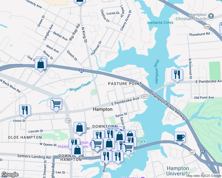 map of restaurants, bars, coffee shops, grocery stores, and more near 116 Poplar Avenue in Hampton