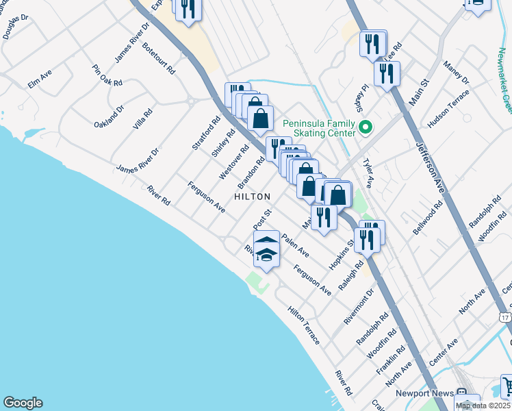 map of restaurants, bars, coffee shops, grocery stores, and more near 26 Milford Road in Newport News