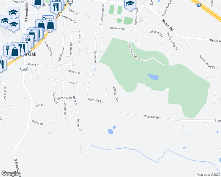 map of restaurants, bars, coffee shops, grocery stores, and more near 225 Wildcat Trace in Paducah