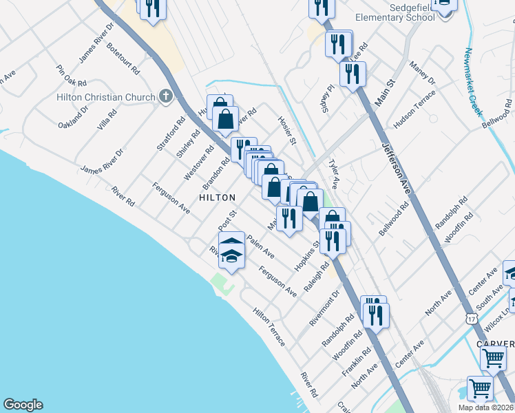 map of restaurants, bars, coffee shops, grocery stores, and more near 311 Piez Avenue in Newport News