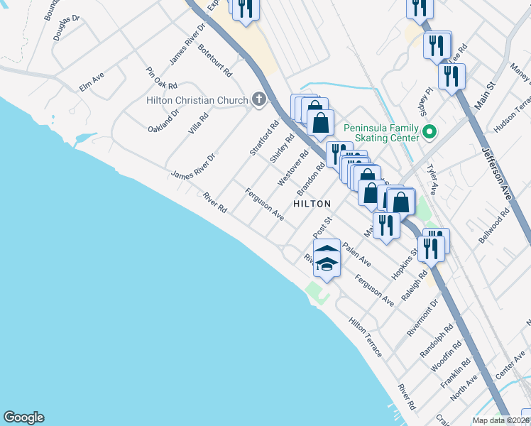 map of restaurants, bars, coffee shops, grocery stores, and more near 5 Westover Road in Newport News
