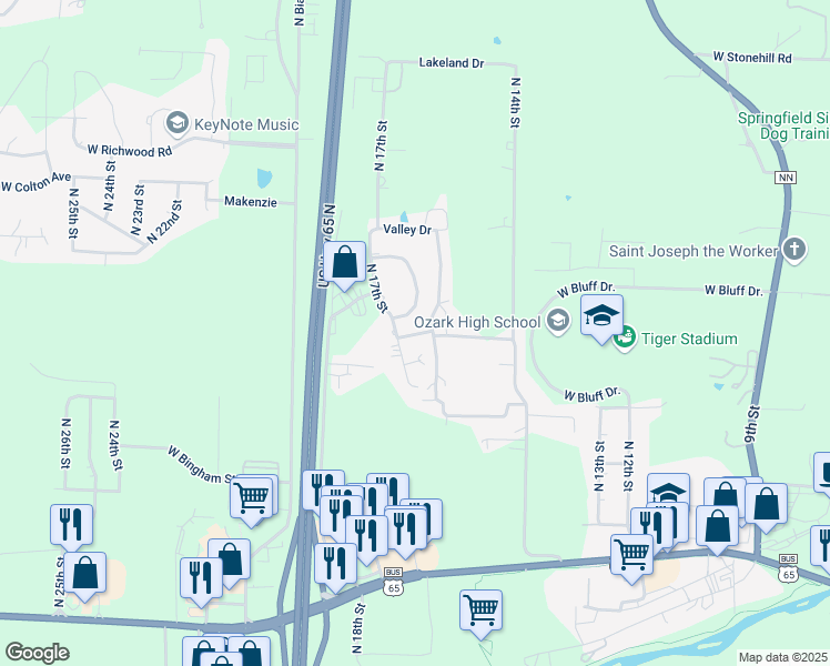 map of restaurants, bars, coffee shops, grocery stores, and more near 1407 North 17th Street in Ozark