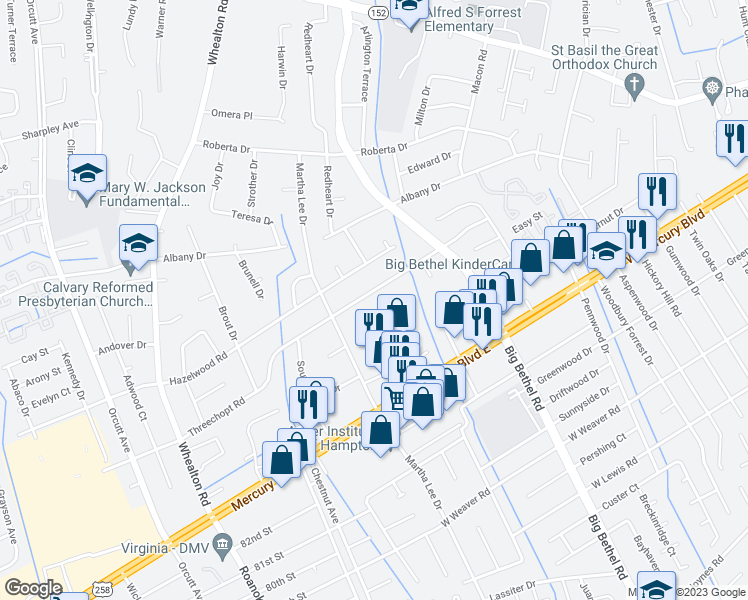 map of restaurants, bars, coffee shops, grocery stores, and more near 4013 Threechopt Road in Hampton