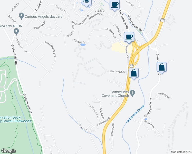 map of restaurants, bars, coffee shops, grocery stores, and more near 424 Silverwood Drive in Scotts Valley