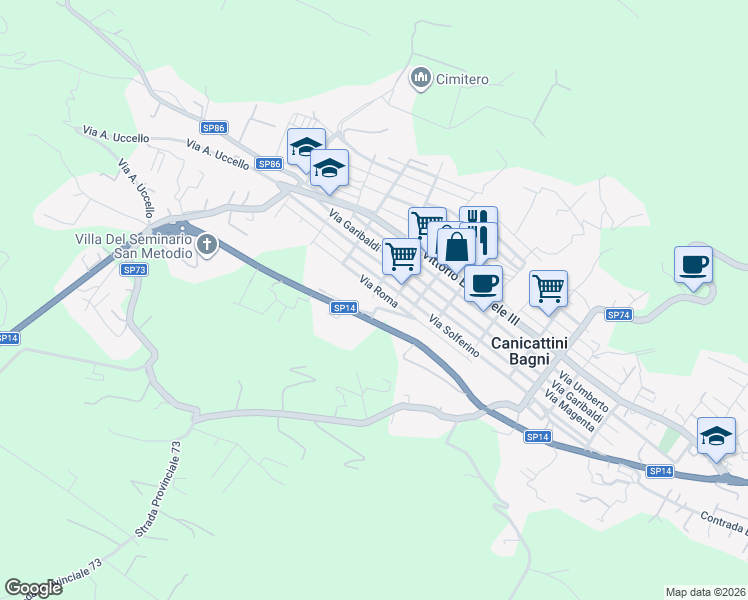 map of restaurants, bars, coffee shops, grocery stores, and more near 120 Via Silvio Pellico in Canicattini Bagni