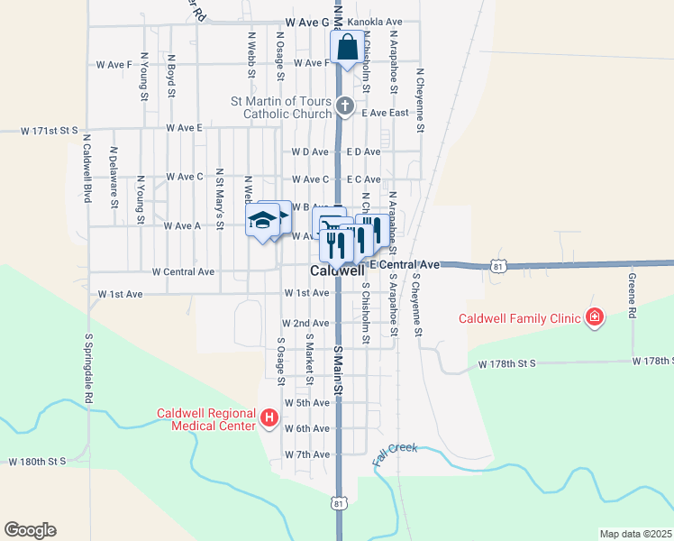 map of restaurants, bars, coffee shops, grocery stores, and more near in Caldwell