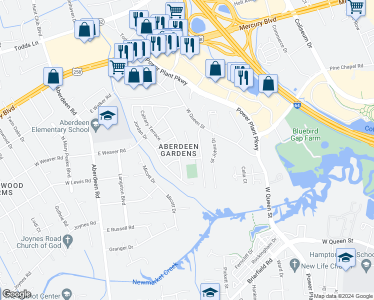 map of restaurants, bars, coffee shops, grocery stores, and more near 13 Sharon Court in Hampton