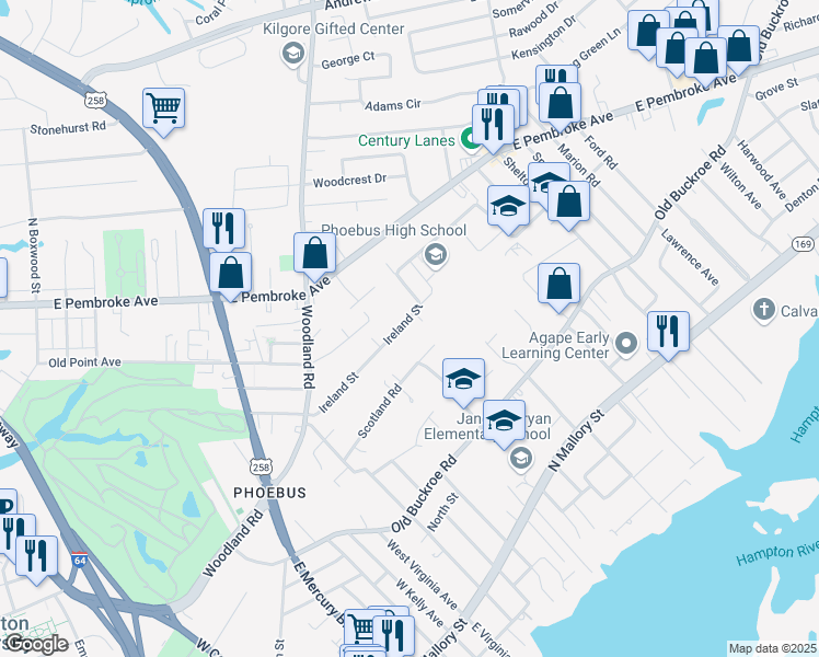 map of restaurants, bars, coffee shops, grocery stores, and more near 62 Ireland Street in Hampton