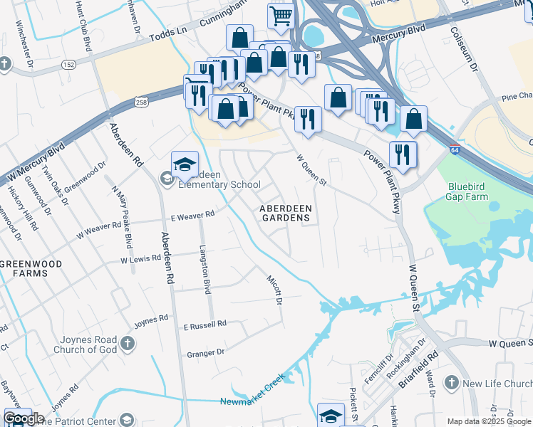 map of restaurants, bars, coffee shops, grocery stores, and more near 104 Winthrop Terrace in Hampton