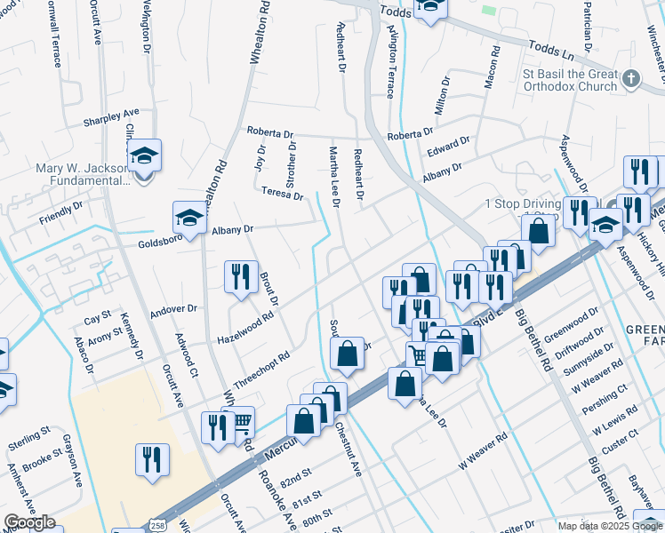map of restaurants, bars, coffee shops, grocery stores, and more near 4104 Hazelwood Road in Hampton