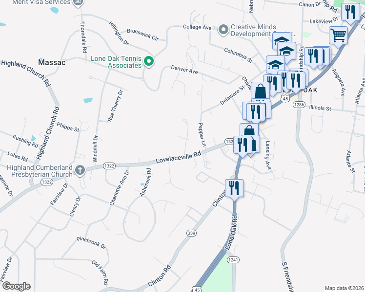 map of restaurants, bars, coffee shops, grocery stores, and more near 125 Frankfort Avenue in Paducah