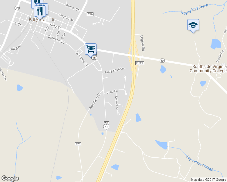map of restaurants, bars, coffee shops, grocery stores, and more near June Lane in Keysville