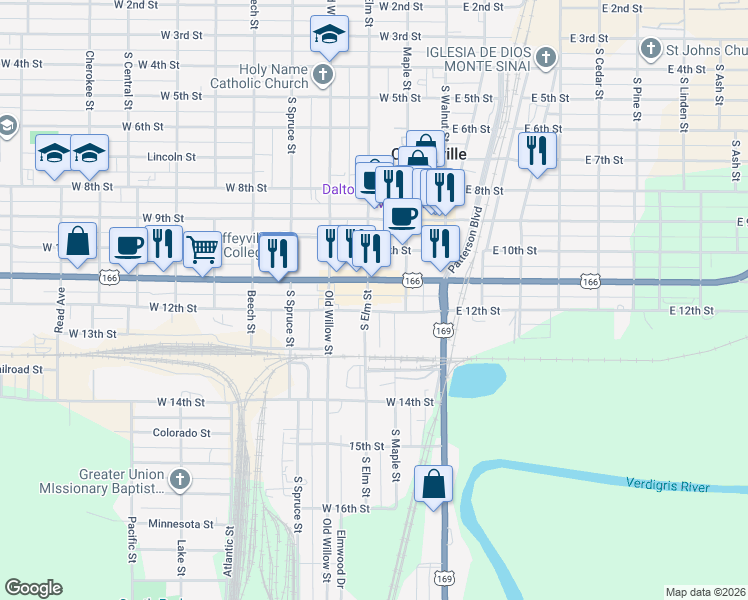 map of restaurants, bars, coffee shops, grocery stores, and more near 1149-1199 S Elm St in Coffeyville