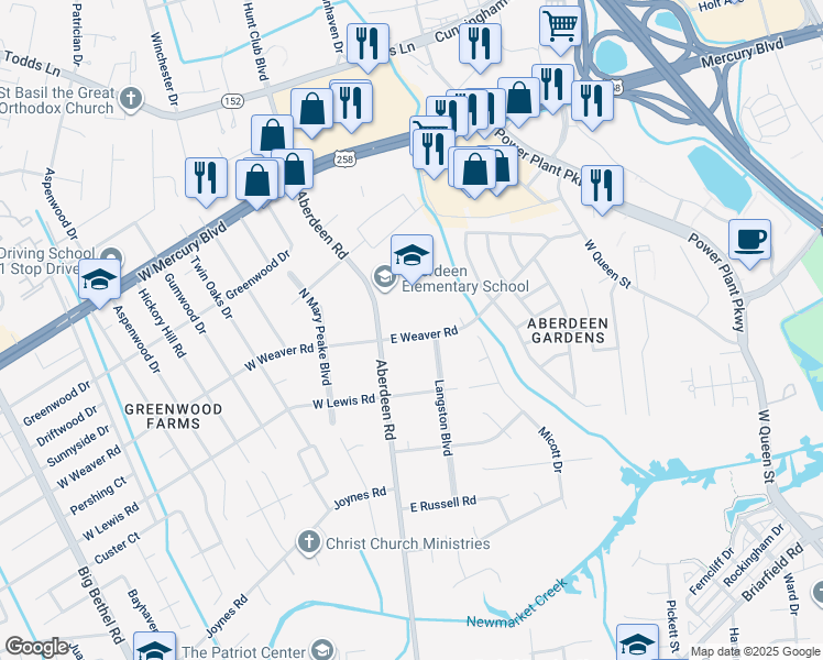 map of restaurants, bars, coffee shops, grocery stores, and more near 13 East Weaver Road in Hampton